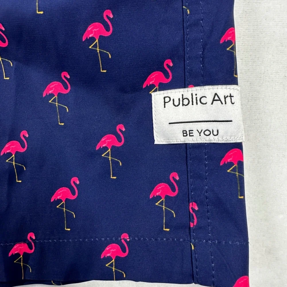 New Public Art Swim Trunks Sz Medium Navy Blue Pink Flamingo Liner Board Shorts‎